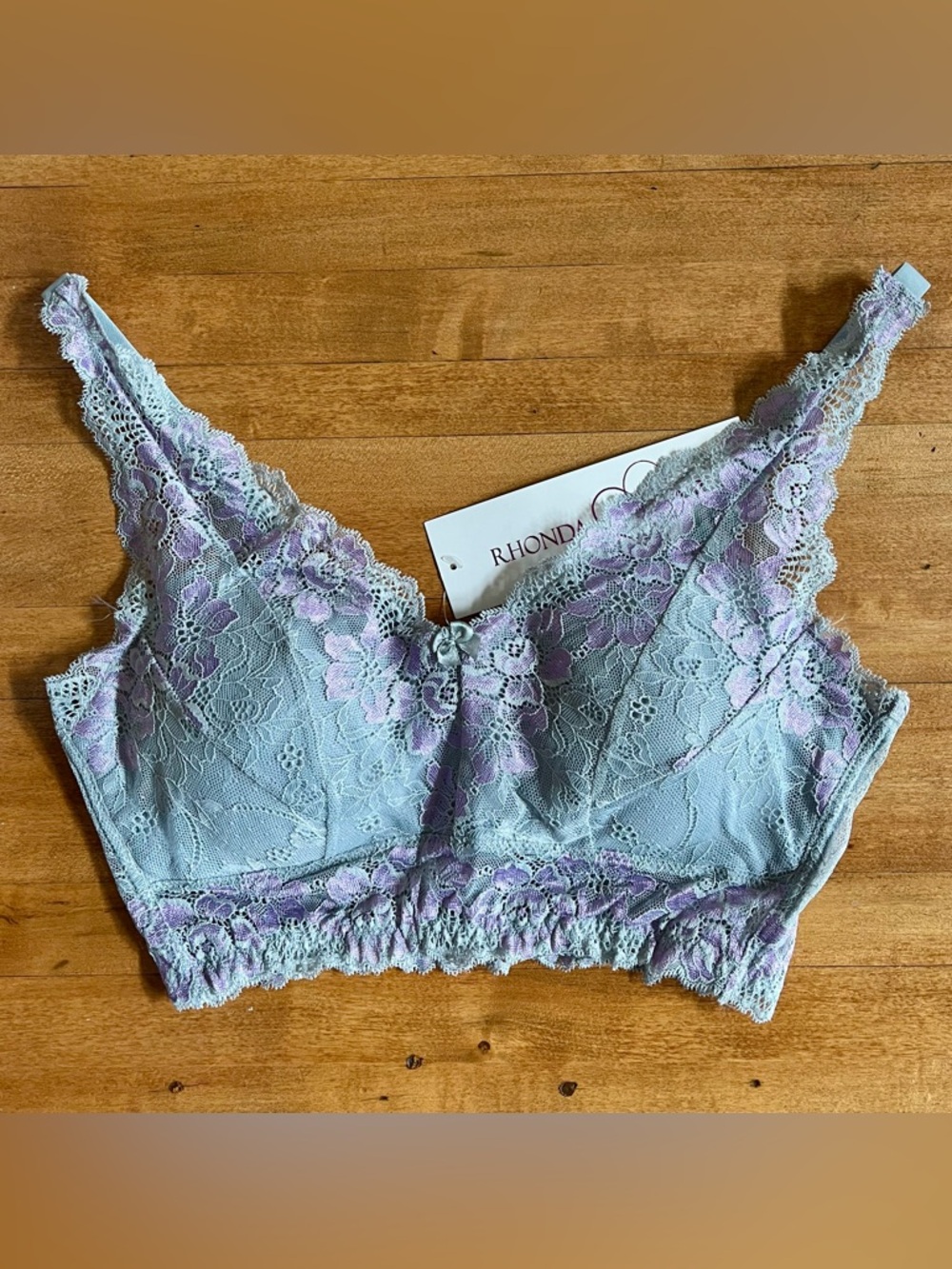 Rhonda Shear Lace Bralette in Pale Blue with Lilac Accents